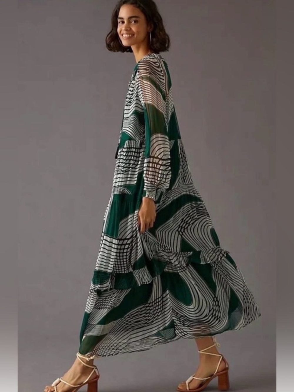 Anthropologie Green Marais Patterned Long-Sleeve Sheer Maxi Dress